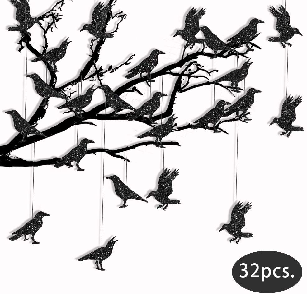 32Pcs Paper Glitter Black Crow Bird Garlands for Halloween Themed Party Decoration Flying Hanging Halloween Tree Crow Banners acacuss