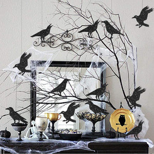 32Pcs Paper Glitter Black Crow Bird Garlands for Halloween Themed Party Decoration Flying Hanging Halloween Tree Crow Banners acacuss