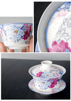 350ml Large Capacity Ceramics Gaiwan Tea Cup Chinese Tea Cups Soup With Lid Bowl Lotus Hand Drawing Porcelain Gaiwan for Travel acacuss