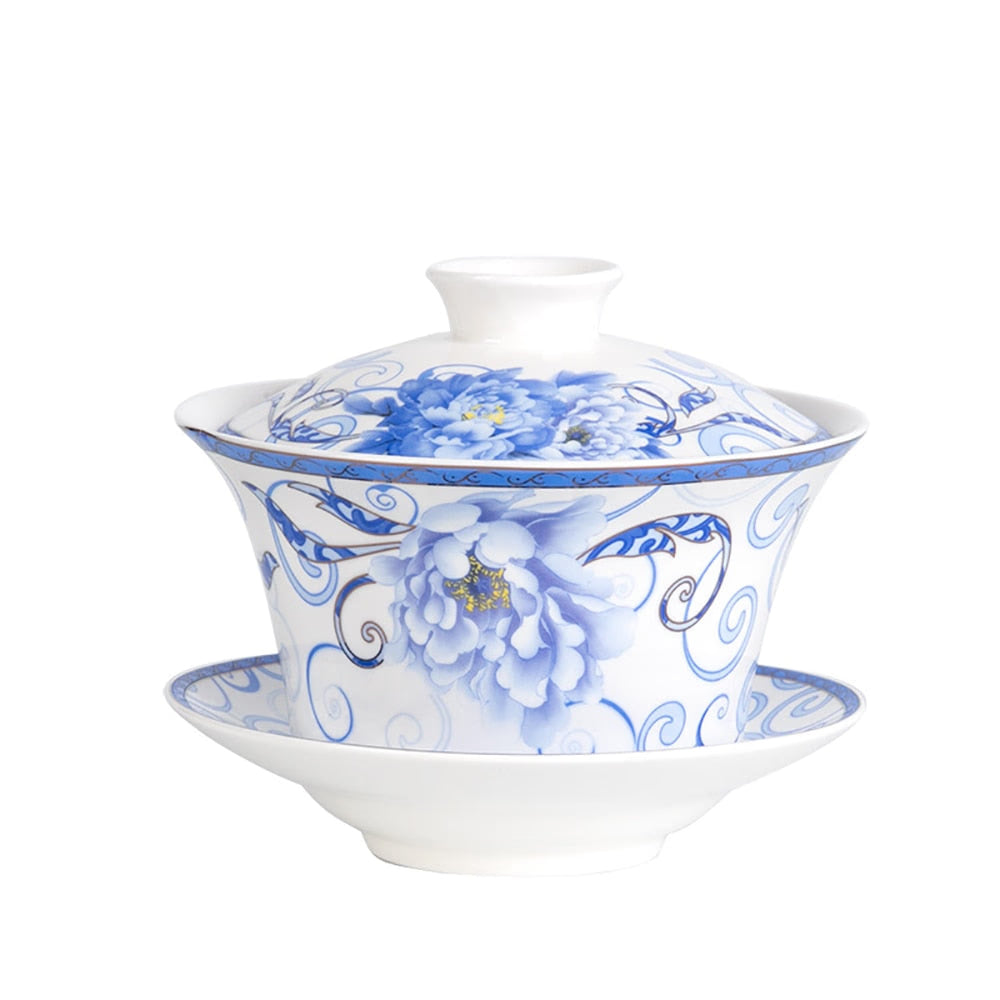 350ml Large Capacity Ceramics Gaiwan Tea Cup Chinese Tea Cups Soup With Lid Bowl Lotus Hand Drawing Porcelain Gaiwan for Travel acacuss