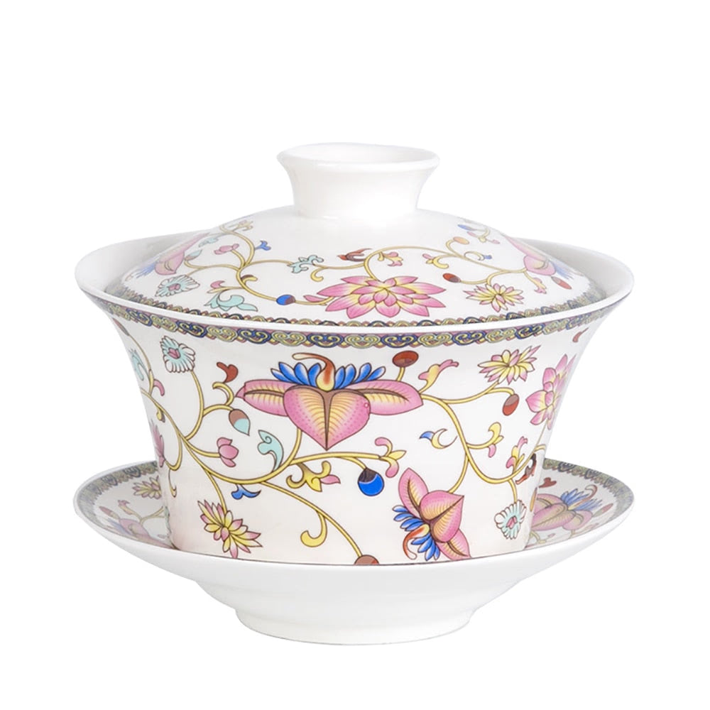 350ml Large Capacity Ceramics Gaiwan Tea Cup Chinese Tea Cups Soup With Lid Bowl Lotus Hand Drawing Porcelain Gaiwan for Travel acacuss