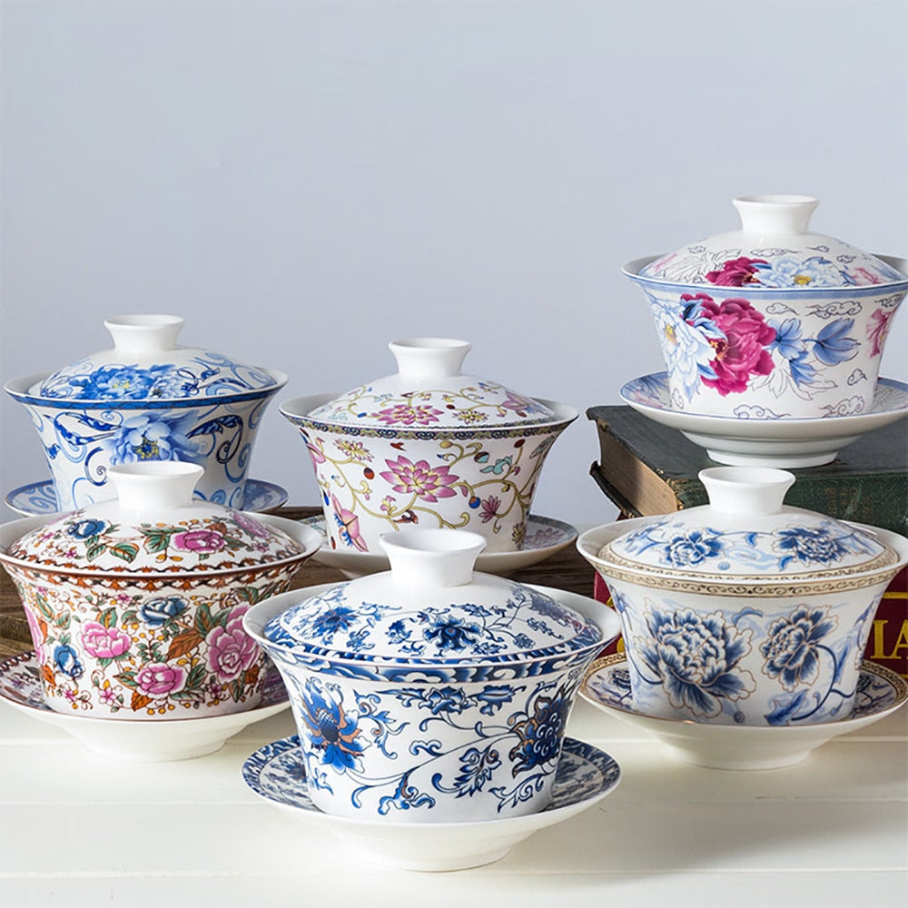 350ml Large Capacity Ceramics Gaiwan Tea Cup Chinese Tea Cups Soup With Lid Bowl Lotus Hand Drawing Porcelain Gaiwan for Travel acacuss