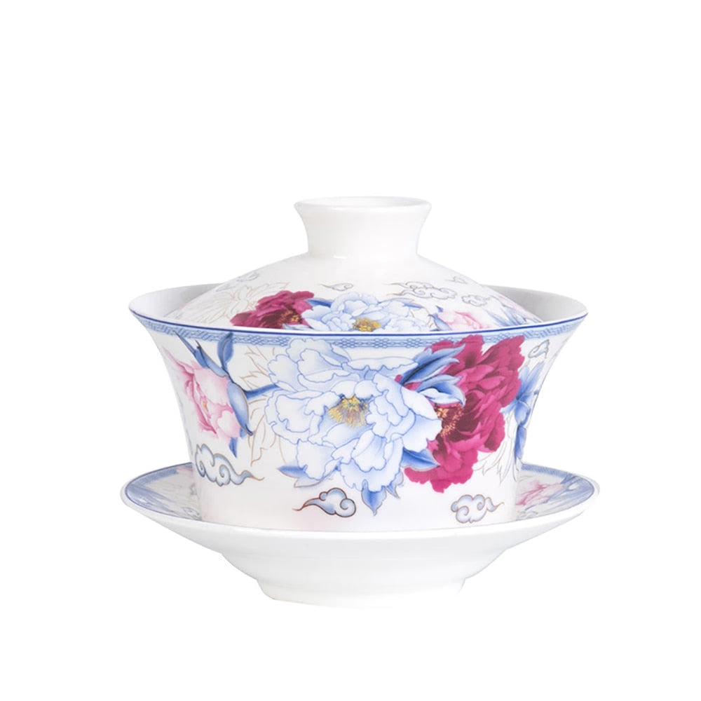 350ml Large Capacity Ceramics Gaiwan Tea Cup Chinese Tea Cups Soup With Lid Bowl Lotus Hand Drawing Porcelain Gaiwan for Travel acacuss