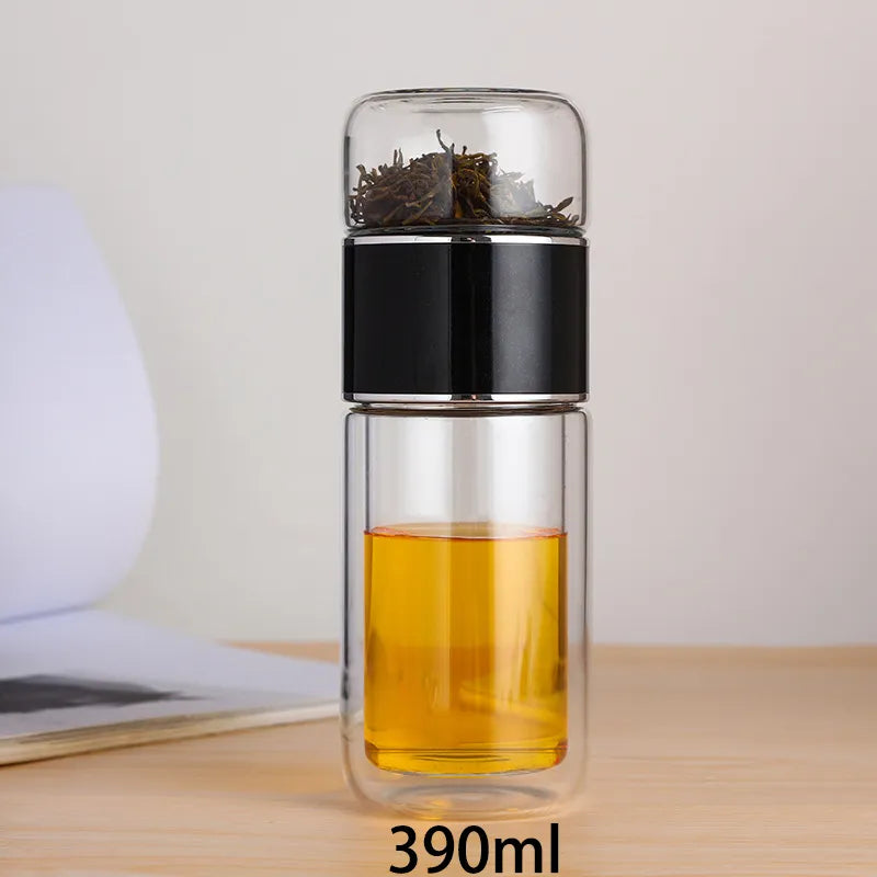 390ML Tea Water Bottle High Borosilicate Glass Double Layer Tea Water Cup Infuser Tumbler Drinkware Water Bottle With Tea Filter acacuss