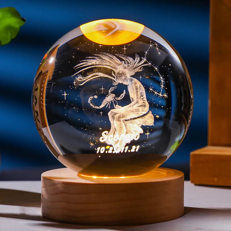 3D Constellation Crystal Ball Night Light Laser Engraved Birthday Gift Glass Sphere Home Desktop Decoration with Wooden USB Base acacuss