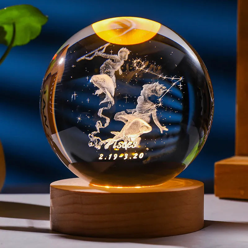 3D Constellation Crystal Ball Night Light Laser Engraved Birthday Gift Glass Sphere Home Desktop Decoration with Wooden USB Base acacuss