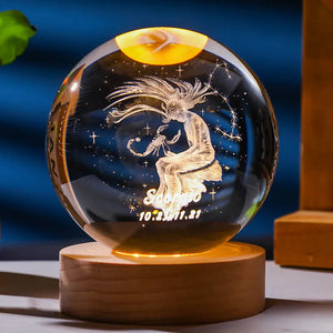 3D Constellation Crystal Ball Night Light Laser Engraved Birthday Gift Glass Sphere Home Desktop Decoration with Wooden USB Base acacuss
