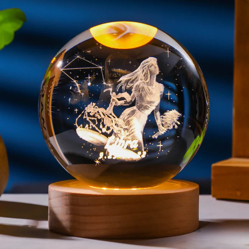 3D Constellation Crystal Ball Night Light Laser Engraved Birthday Gift Glass Sphere Home Desktop Decoration with Wooden USB Base acacuss