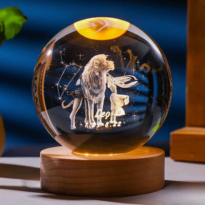 3D Constellation Crystal Ball Night Light Laser Engraved Birthday Gift Glass Sphere Home Desktop Decoration with Wooden USB Base acacuss