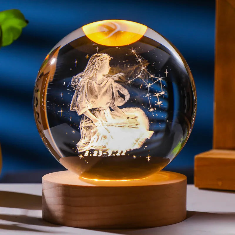 3D Constellation Crystal Ball Night Light Laser Engraved Birthday Gift Glass Sphere Home Desktop Decoration with Wooden USB Base acacuss