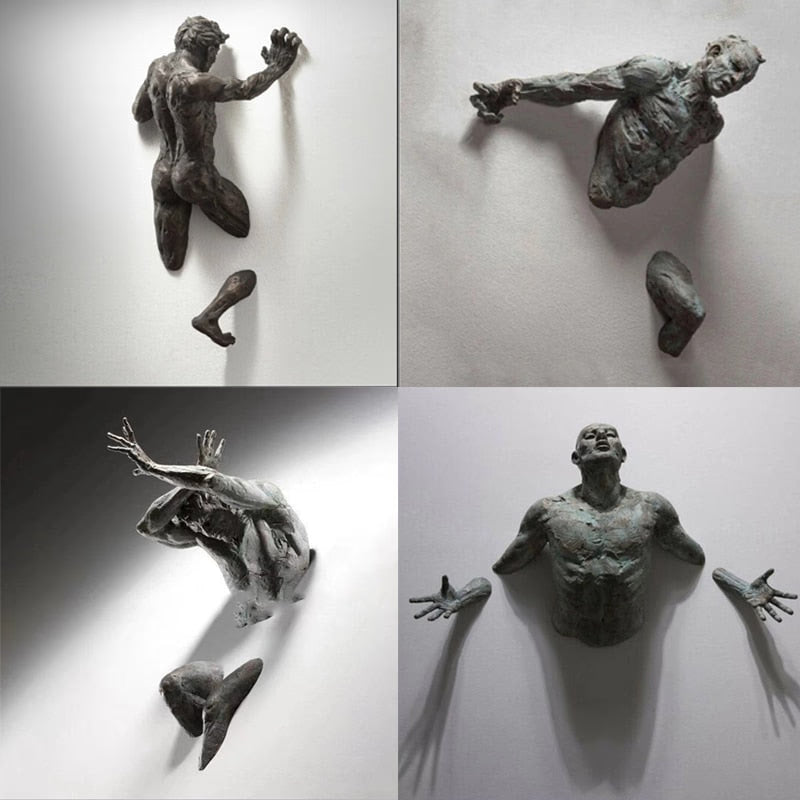 3D Through Wall Figure Sculpture Resin Electroplating Imitation Copper Abstract Climbing Man Statue Living Room Home Decoration acacuss