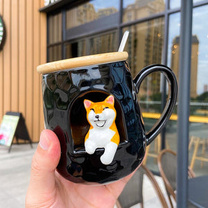 3D relief ceramic Mug with lid spoon personality coffee Mugs spoon animal firewood dog cup teacup acacuss