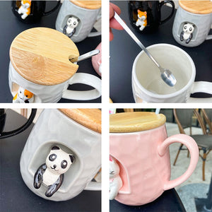 3D relief ceramic Mug with lid spoon personality coffee Mugs spoon animal firewood dog cup teacup acacuss