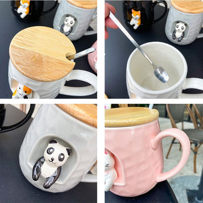 3D relief ceramic Mug with lid spoon personality coffee Mugs spoon animal firewood dog cup teacup acacuss
