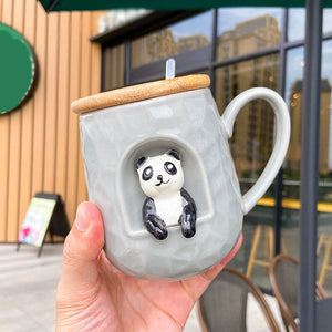 3D relief ceramic Mug with lid spoon personality coffee Mugs spoon animal firewood dog cup teacup acacuss