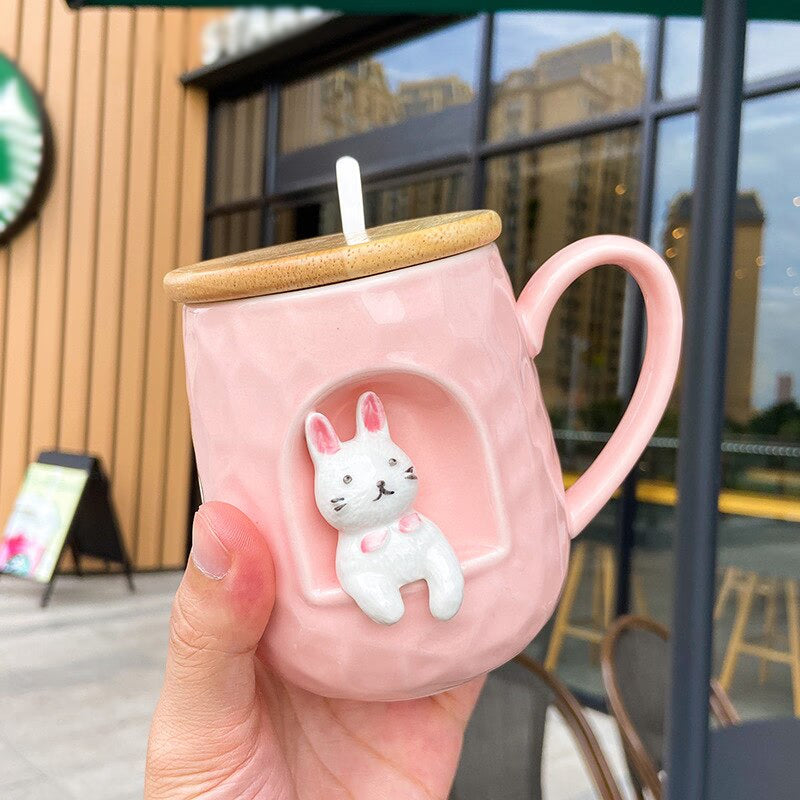 3D relief ceramic Mug with lid spoon personality coffee Mugs spoon animal firewood dog cup teacup acacuss