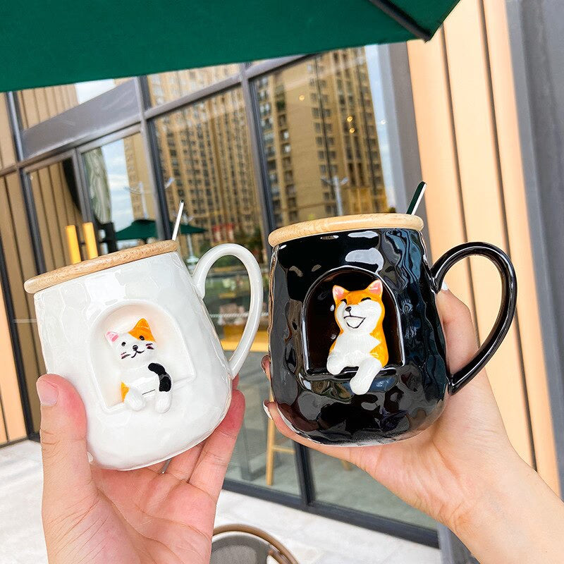 3D relief ceramic Mug with lid spoon personality coffee Mugs spoon animal firewood dog cup teacup acacuss