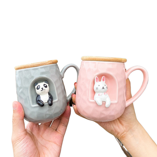 3D relief ceramic Mug with lid spoon personality coffee Mugs spoon animal firewood dog cup teacup acacuss
