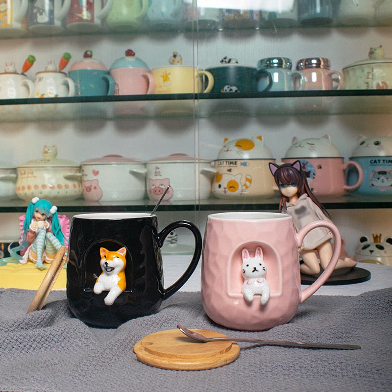 3D relief ceramic Mug with lid spoon personality coffee Mugs spoon animal firewood dog cup teacup acacuss
