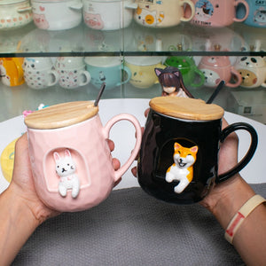 3D relief ceramic Mug with lid spoon personality coffee Mugs spoon animal firewood dog cup teacup acacuss
