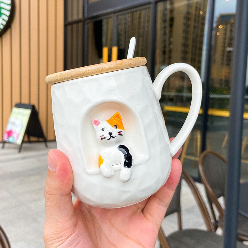 3D relief ceramic Mug with lid spoon personality coffee Mugs spoon animal firewood dog cup teacup acacuss