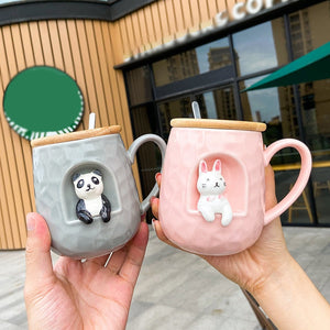 3D relief ceramic Mug with lid spoon personality coffee Mugs spoon animal firewood dog cup teacup acacuss
