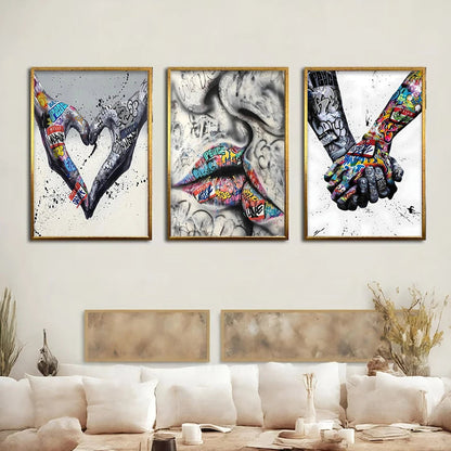3PCS Modern Love Hand in Hand Kiss to Kiss Poster Graffiti Banksy Street Wall Art Canvas Painting Prints Pictures Room Decor acacuss