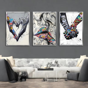 3PCS Modern Love Hand in Hand Kiss to Kiss Poster Graffiti Banksy Street Wall Art Canvas Painting Prints Pictures Room Decor acacuss