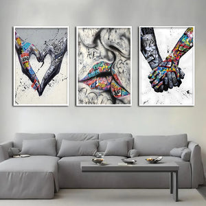 3PCS Modern Love Hand in Hand Kiss to Kiss Poster Graffiti Banksy Street Wall Art Canvas Painting Prints Pictures Room Decor acacuss