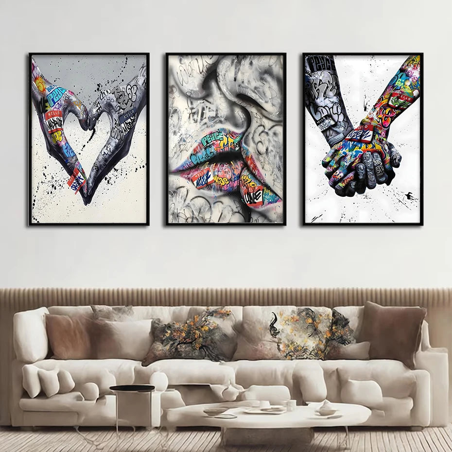 3PCS Modern Love Hand in Hand Kiss to Kiss Poster Graffiti Banksy Street Wall Art Canvas Painting Prints Pictures Room Decor acacuss