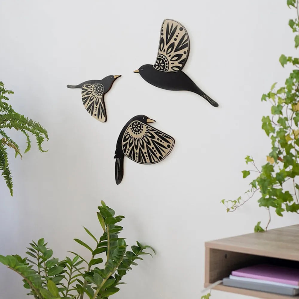 3Pcs Wooden Black Bird Wall Decor Art Vintage Gothic Home Decor Living