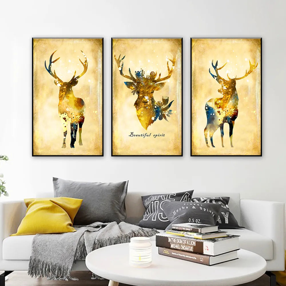 3pcs Gold Deer Watercolor Animal Canvas Paintings Christmas Living Room Decorative Posters And Prints For Home Decor acacuss
