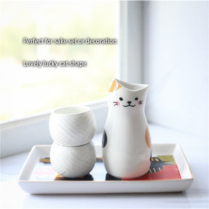 3pcs Maneki Neko Ceramic Sake Set Japanese Lucky Cat Wine Set (1 TOKKURI Bottle 300ml 2 OCHOKO Cups) Cute Wine Glass Pot Bar Set acacuss