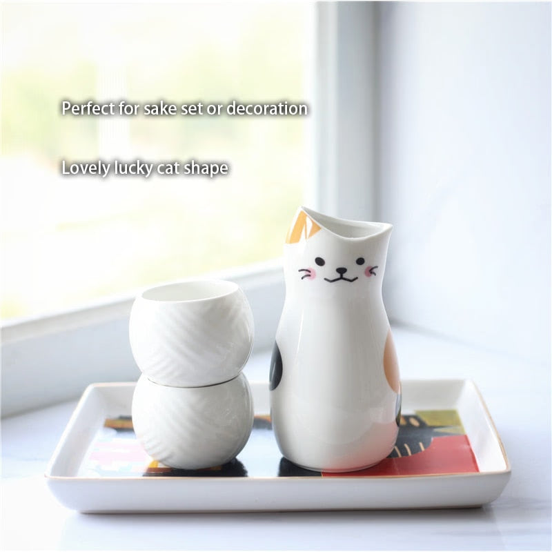 3pcs Maneki Neko Ceramic Sake Set Japanese Lucky Cat Wine Set (1 TOKKURI Bottle 300ml 2 OCHOKO Cups) Cute Wine Glass Pot Bar Set acacuss