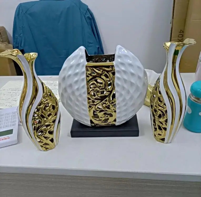 3pcs/set Gold Plated Porcelain Vase Vintage Advanced Ceramic Flower Vase For Room Study Hallway Home Wedding Decor With Flower acacuss