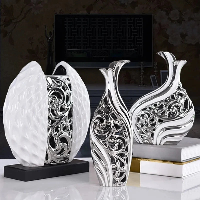 3pcs/set Gold Plated Porcelain Vase Vintage Advanced Ceramic Flower Vase For Room Study Hallway Home Wedding Decor With Flower acacuss