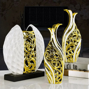 3pcs/set Gold Plated Porcelain Vase Vintage Advanced Ceramic Flower Vase For Room Study Hallway Home Wedding Decor With Flower acacuss