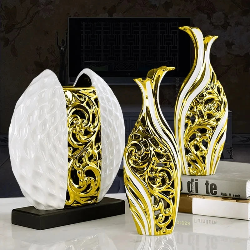 3pcs/set Gold Plated Porcelain Vase Vintage Advanced Ceramic Flower Vase For Room Study Hallway Home Wedding Decor With Flower acacuss