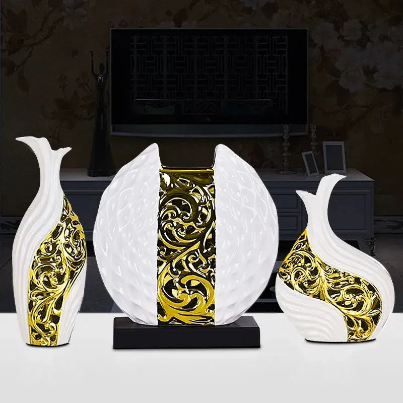 3pcs/set Gold Plated Porcelain Vase Vintage Advanced Ceramic Flower Vase For Room Study Hallway Home Wedding Decor With Flower acacuss