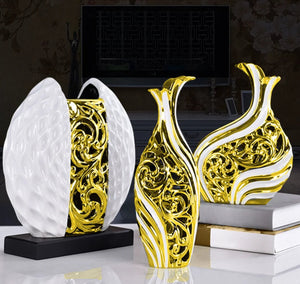 3pcs/set Gold Plated Porcelain Vase Vintage Advanced Ceramic Flower Vase For Room Study Hallway Home Wedding Decor With Flower acacuss