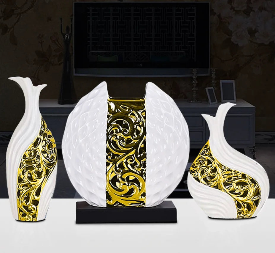 3pcs/set Gold Plated Porcelain Vase Vintage Advanced Ceramic Flower Vase For Room Study Hallway Home Wedding Decor With Flower acacuss
