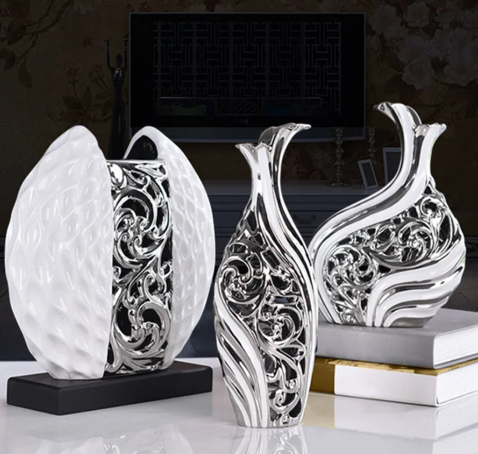 3pcs/set Gold Plated Porcelain Vase Vintage Advanced Ceramic Flower Vase For Room Study Hallway Home Wedding Decor With Flower acacuss
