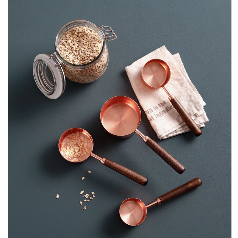 4/8 pcs Copper Plated Measuring Cups And Measuring Spoon Scoop Wooden Handle Kitchen Measuring Tool Drop Shipping acacuss
