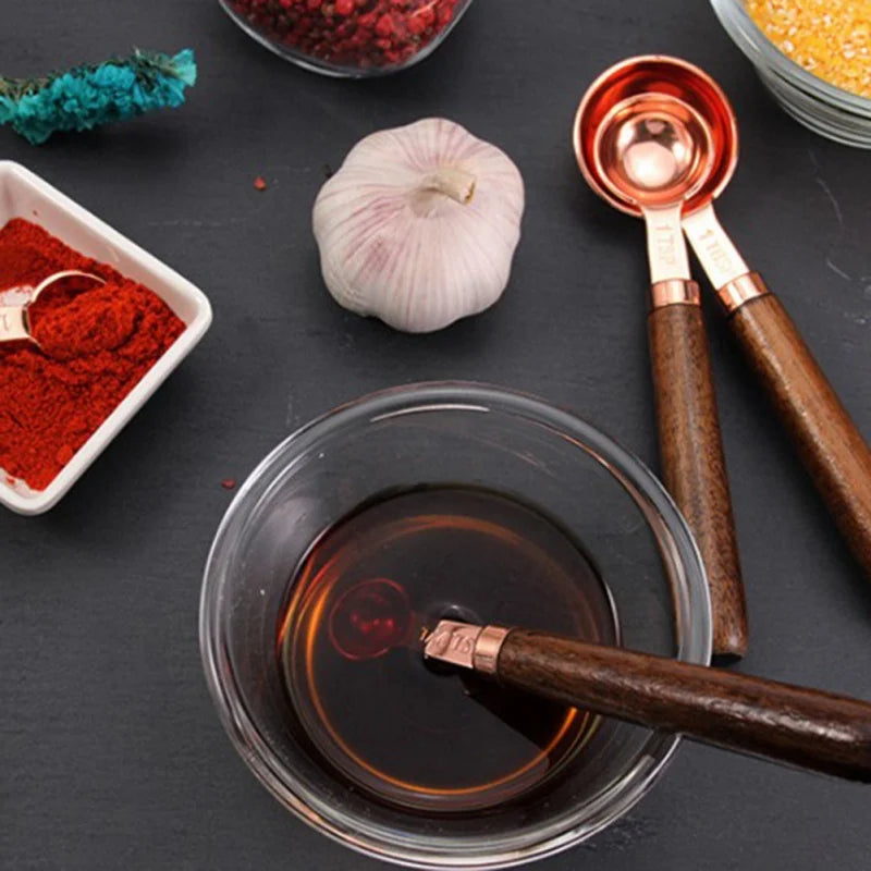 4/8 pcs Copper Plated Measuring Cups And Measuring Spoon Scoop Wooden Handle Kitchen Measuring Tool Drop Shipping acacuss