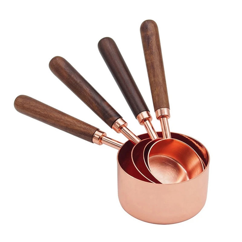 4/8 pcs Copper Plated Measuring Cups And Measuring Spoon Scoop Wooden Handle Kitchen Measuring Tool Drop Shipping acacuss