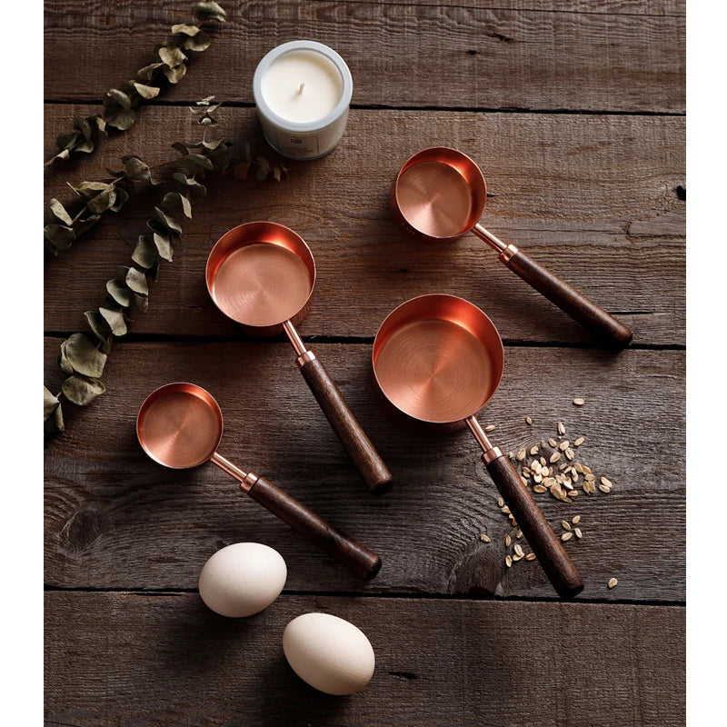 4/8 pcs Copper Plated Measuring Cups And Measuring Spoon Scoop Wooden Handle Kitchen Measuring Tool Drop Shipping acacuss
