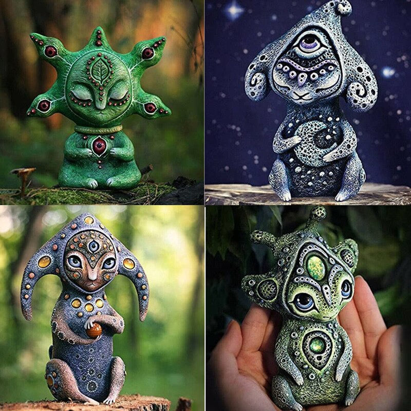 4 Styles New Biological Fantasy Resin Ornaments Garden Sculpture Artifact Three-eyed Alien Figurines Home Decoration Accessories acacuss