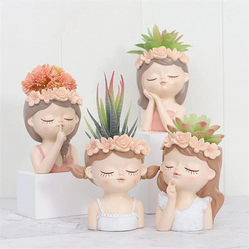 4 in 1 Succulents Planters Flower Pots Cactus Plant Pot Lovely Girl Head Bonsai Planter Pots Ornaments with Drainage Hole Table acacuss