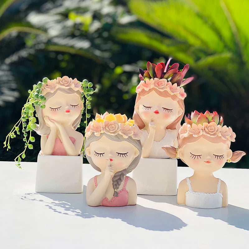 4 in 1 Succulents Planters Flower Pots Cactus Plant Pot Lovely Girl Head Bonsai Planter Pots Ornaments with Drainage Hole Table acacuss