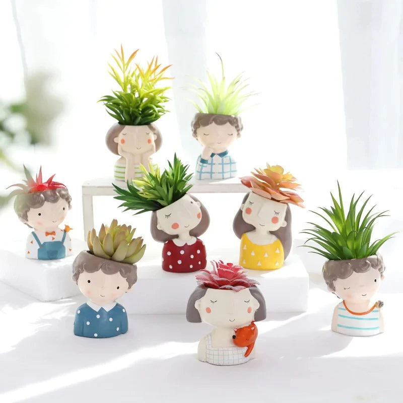 4 in 1 Succulents Planters Flower Pots Cactus Plant Pot Lovely Girl Head Bonsai Planter Pots Ornaments with Drainage Hole Table acacuss